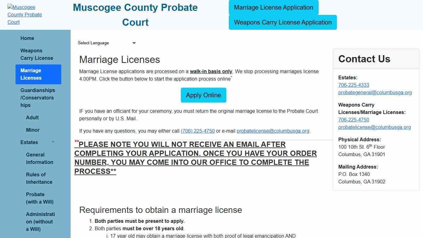 Marriage LIcenses Muscogee County Probate Court